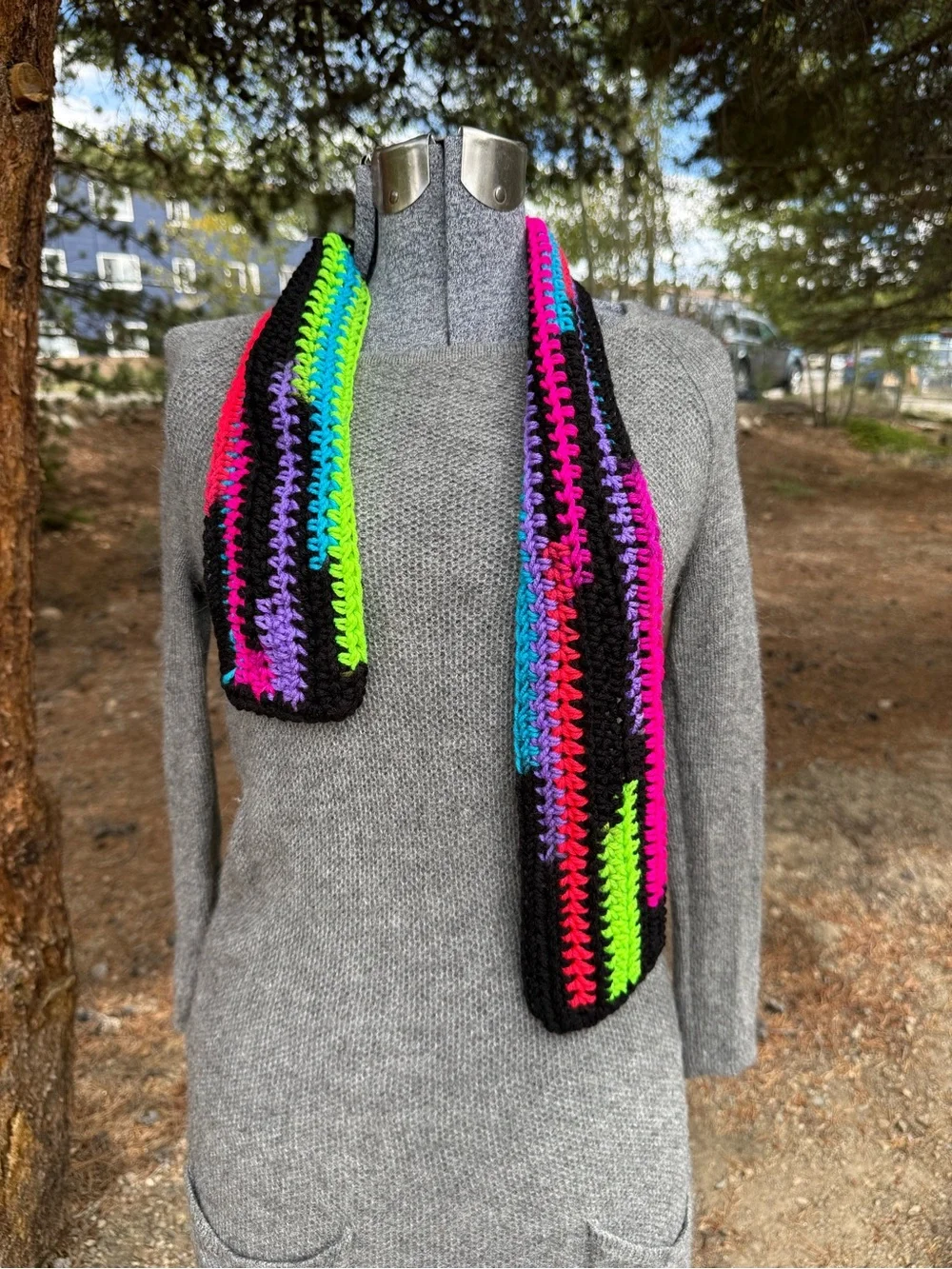 Handmade Multicolor Crochet Scarf with Black Trim- Kids Size